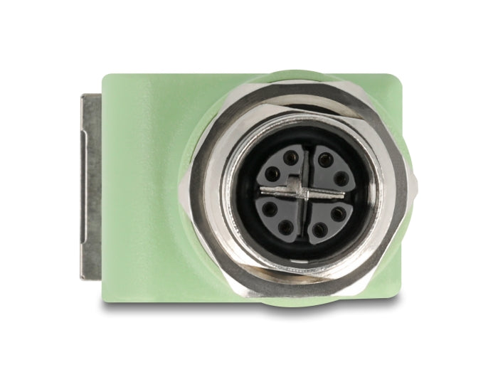 Delock M12 Adapter X-kodiert 8 Pin Buchse zu RJ45 Buchse Cat.5e mit Befestigungsloch 90° gewinkelt grün