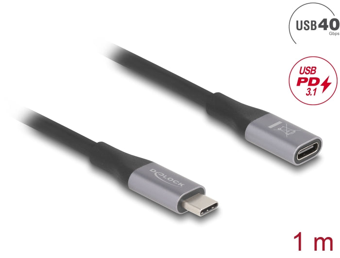 Delock USB 40 Gbps Verlängerungskabel USB Type-C™ Stecker zu Buchse PD 3.1 240 W 1 m grau Metall