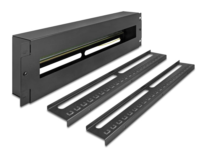 Delock 19″ Schutzschalterleiste mit Abdeckung und Hutschiene inklusive 2 x Kabelzugentlastungsschiene 3 HE Metall schwarz