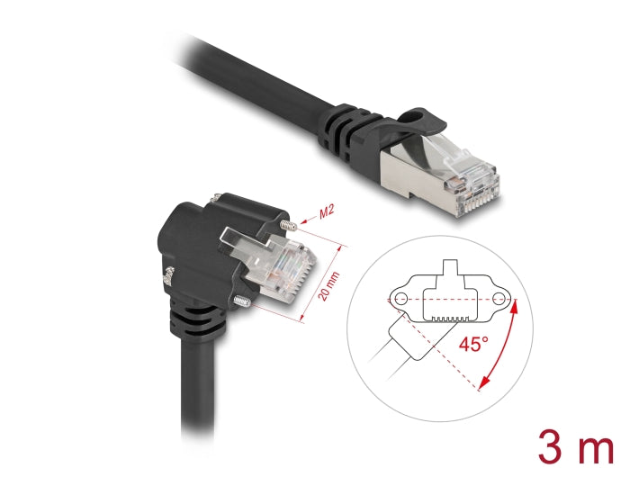Delock GigE Kamera Kabel RJ45 Stecker 45° gedreht und 90° gewinkelt mit Schrauben zu RJ45 Stecker Cat.6 S/FTP 3 m schwarz