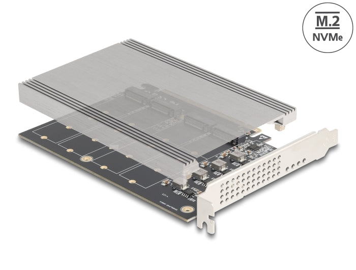 Delock PCI Express x16 Karte zu 4 x intern NVMe M.2 Key M mit Kühlkörper - Bifurcation (LxB: 145 x 111 mm)