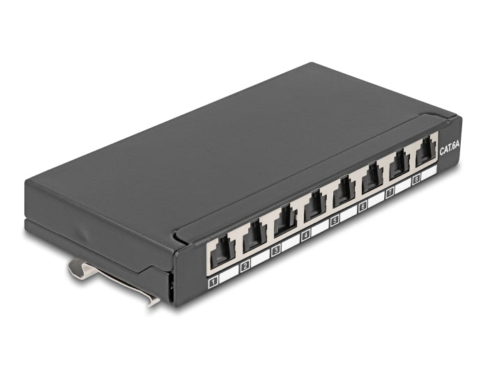 Delock Mini Desktop Patchpanel RJ45 Buchse 8 Port Cat.6A geschirmt schwarz - zur Montage an Tisch, Wand oder Hutschiene