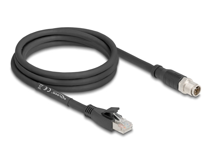 Delock M12 Kabel X-kodiert 8 Pin Stecker zu RJ45 Stecker Cat.5e S/FTP flexibel 2 m schwarz