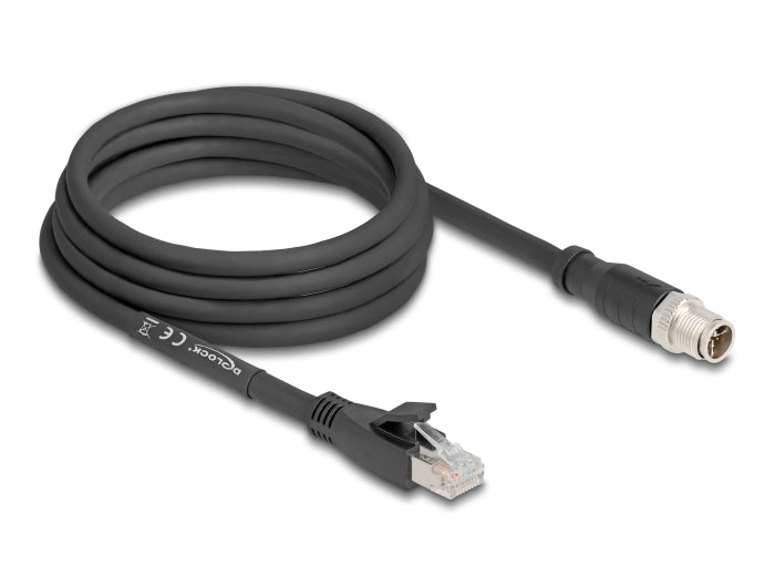 Delock M12 Kabel X-kodiert 8 Pin Stecker zu RJ45 Stecker Cat.5e S/FTP flexibel 3 m schwarz