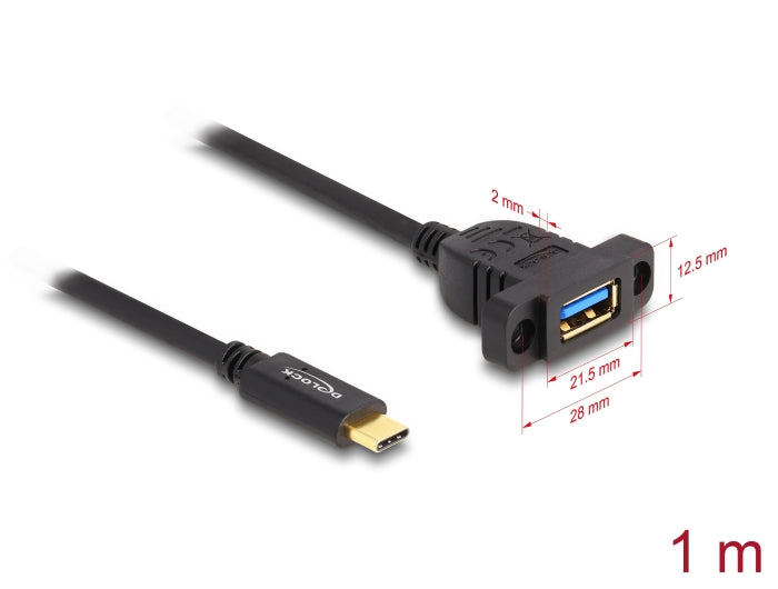 Delock SuperSpeed USB 10 Gbps (USB 3.2 Gen 2) Kabel USB Type-C™ Stecker zu USB Typ-A Buchse 1 m zum Einbau schwarz