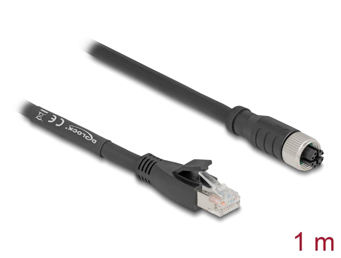 Delock M12 Kabel X-kodiert 8 Pin Buchse zu RJ45 Stecker Cat.5e S/FTP flexibel 1 m schwarz
