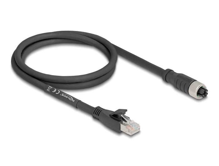 Delock M12 Kabel X-kodiert 8 Pin Buchse zu RJ45 Stecker Cat.5e S/FTP flexibel 1 m schwarz
