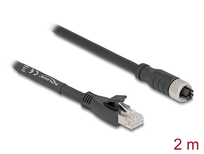 Delock M12 Kabel X-kodiert 8 Pin Buchse zu RJ45 Stecker Cat.5e S/FTP flexibel 2 m schwarz