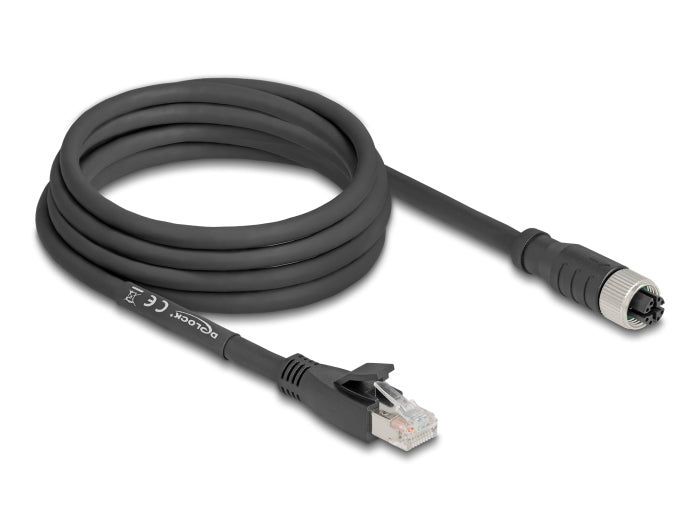 Delock M12 Kabel X-kodiert 8 Pin Buchse zu RJ45 Stecker Cat.5e S/FTP flexibel 3 m schwarz