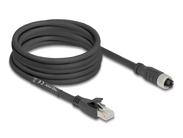 Delock M12 Kabel X-kodiert 8 Pin Buchse zu RJ45 Stecker Cat.5e S/FTP flexibel 5 m schwarz