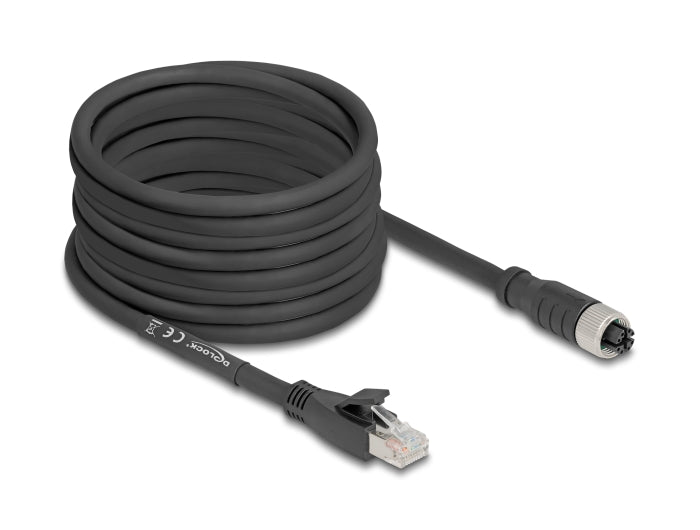 Delock M12 Kabel X-kodiert 8 Pin Buchse zu RJ45 Stecker Cat.5e S/FTP flexibel 10 m schwarz