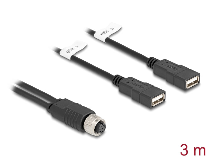 Delock M12 Kabel A-kodiert 8 Pin Buchse zu 2 x USB 2.0 Typ-A Buchse 3 m schwarz