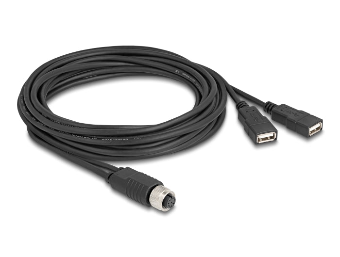 Delock M12 Kabel A-kodiert 8 Pin Buchse zu 2 x USB 2.0 Typ-A Buchse 3 m schwarz