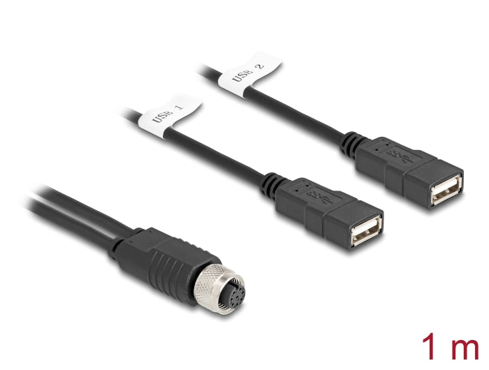 Delock M12 Kabel A-kodiert 8 Pin Buchse zu 2 x USB 2.0 Typ-A Buchse 1 m schwarz