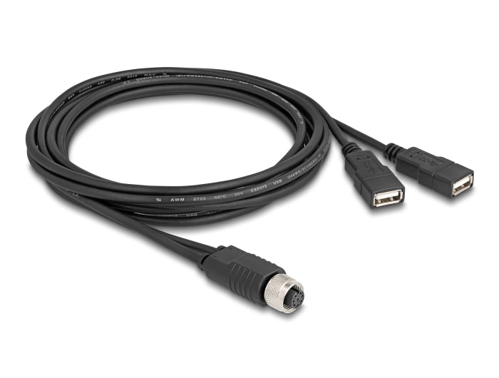 Delock M12 Kabel A-kodiert 8 Pin Buchse zu 2 x USB 2.0 Typ-A Buchse 2 m schwarz