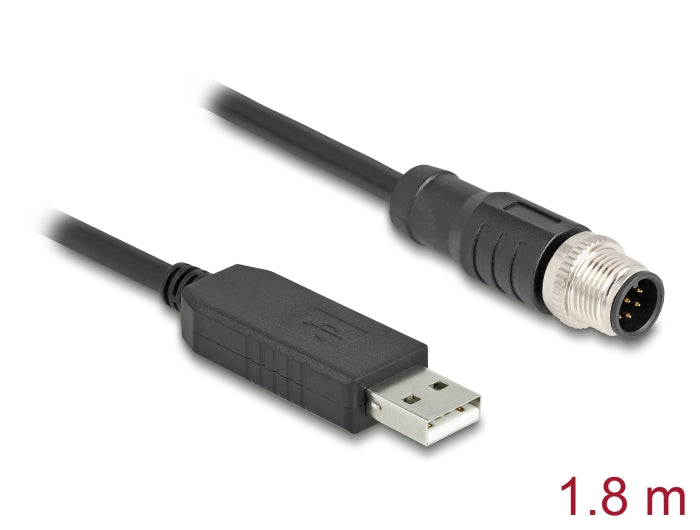 Delock M12 Serielles Anschlusskabel mit FTDI Chipsatz, USB 2.0 Typ-A Stecker zu M12 RS-232 Stecker A-kodiert 8 Pin 1,8 m schwarz