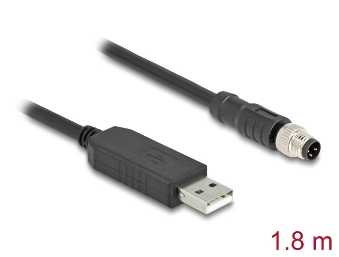 Delock M8 A-kodiert 3 Pin Serielles Anschlusskabel mit FTDI Chipsatz, USB 2.0 Typ-A Stecker zu M8 RS-232 Stecker 1,8 m schwarz