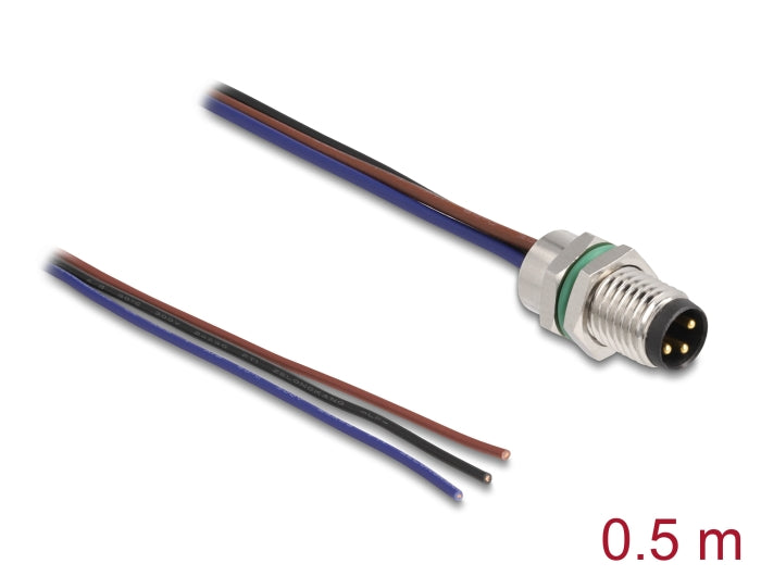 Delock M8 Einbaukabel A-kodiert 3 Pin Stecker für Panel mit offenen Kabeln Front Montage 0,5 m