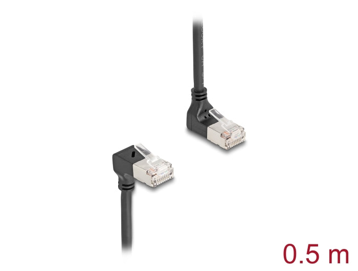 Delock RJ45 Netzwerkkabel Cat.6A S/FTP Slim 90° oben / unten gewinkelt 0,5 m schwarz