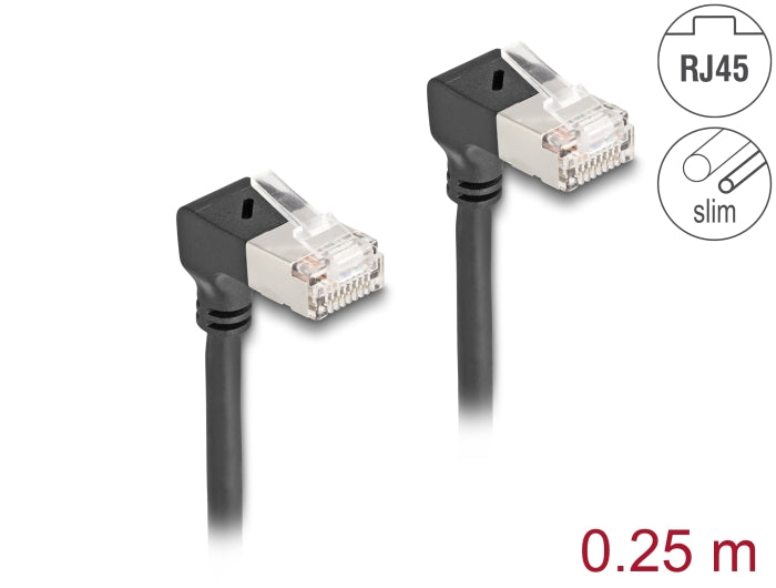 Delock RJ45 Netzwerkkabel Cat.6A S/FTP Slim 90° unten / unten gewinkelt 0,25 m schwarz