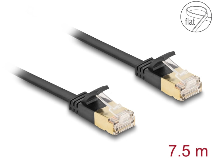 Delock RJ45 Netzwerkkabel Cat.6A Stecker zu Stecker mit robuster Rastnase und Cat.7 Rohflachbandkabel U/FTP 7,5 m schwarz