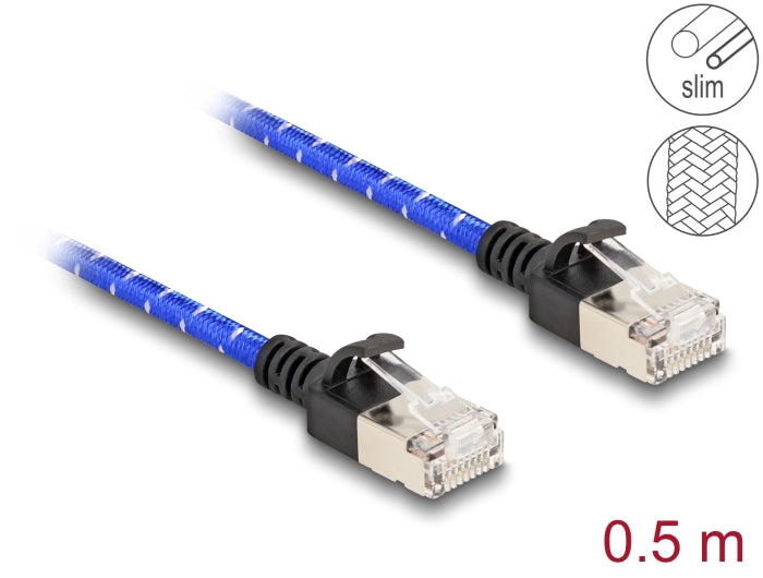 Delock RJ45 Netzwerkkabel mit Geflechtmantel Cat.6A U/FTP Slim 0,5 m blau