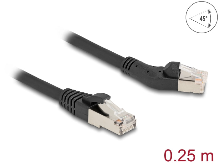 Delock RJ45 Netzwerkkabel Cat.6A S/FTP Stecker 45° nach links gewinkelt zu Stecker gerade 0,25 m schwarz