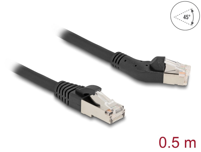 Delock RJ45 Netzwerkkabel Cat.6A S/FTP Stecker 45° nach links gewinkelt zu Stecker gerade 0,5 m schwarz