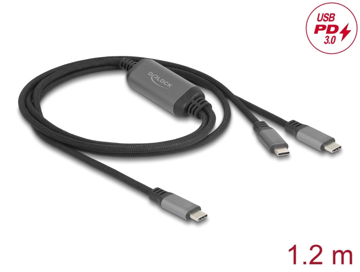 Delock USB-C™ Y-Kabel 1 x Stecker zu 2 x Stecker PD 3.0 100 W Intelligente Stromaufteilung 1,2 m