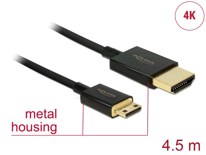 Delock Kabel High Speed HDMI mit Ethernet - HDMI-A Stecker > HDMI Mini-C Stecker 3D 4K 4,5 m Aktiv Slim High Quality