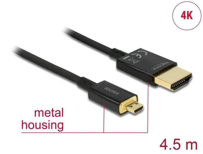 Delock Kabel High Speed HDMI mit Ethernet - HDMI-A Stecker > HDMI Micro-D Stecker 3D 4K 4,5 m Aktiv Slim High Quality