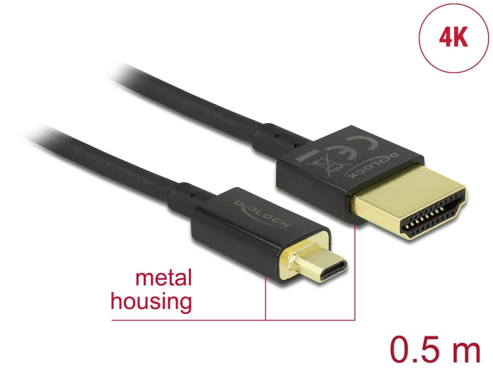 Delock Kabel High Speed HDMI mit Ethernet - HDMI-A Stecker > HDMI Micro-D Stecker 3D 4K 0,5 m Slim High Quality