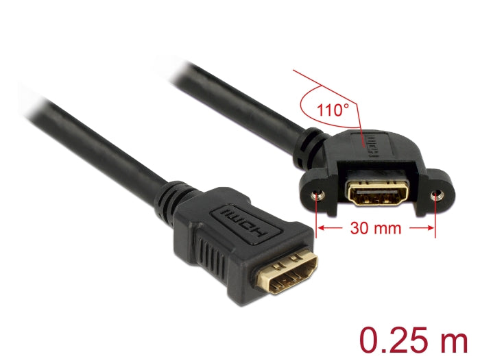Delock Kabel HDMI A Buchse > HDMI A Buchse zum Einbau 110° gewinkelt 25 cm
