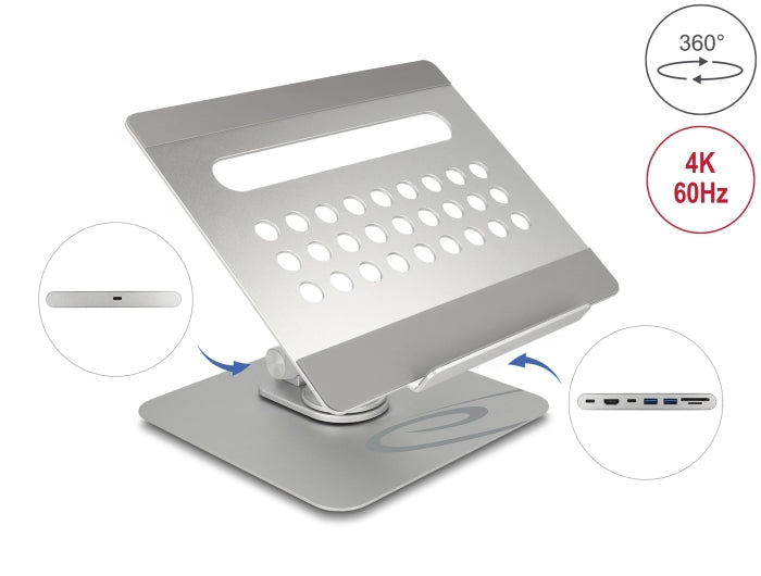 Delock Tablet und Notebook Ständer mit eingebauter Dockingstation 4K - HDMI / Kartenleser / Hub / PD 3.0 90 W - 360° drehbar