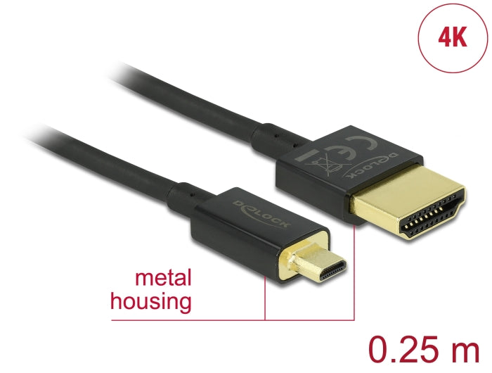 Delock Kabel High Speed HDMI mit Ethernet - HDMI-A Stecker > HDMI Micro-D Stecker 3D 4K 0,25 m Slim High Quality
