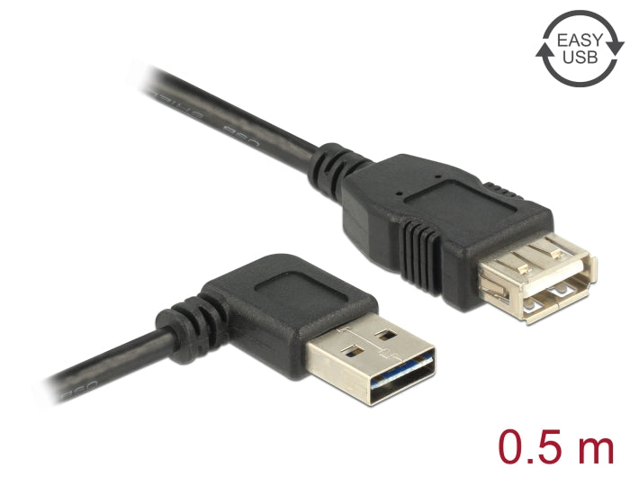 Delock Verlängerungskabel EASY-USB 2.0 Typ-A Stecker gewinkelt links / rechts > USB 2.0 Typ-A Buchse 0,5 m