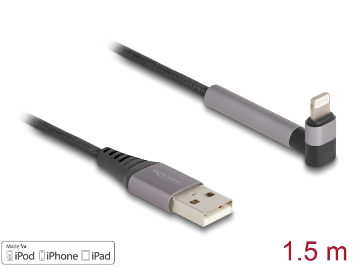 Delock Daten- und Ladekabel USB Typ-A zu Lightning™ für iPhone™, iPad™, iPod™ gewinkelt mit Ständerfunktion schwarz 1,5 m MFi