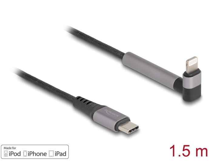 Delock Daten- und Ladekabel USB Type-C™ zu Lightning™ für iPhone™, iPad™, iPod™ gewinkelt mit Ständerfunktion schwarz 1,5 m MFi