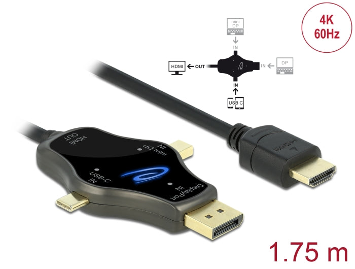 Delock 3 in 1 Monitorkabel mit USB-C™ / DisplayPort / mini DisplayPort Eingang auf HDMI Ausgang mit 4K 60 Hz
