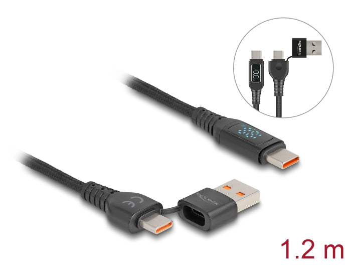 Delock USB 2.0 Daten- und Schnellladekabel USB Type-C™ + USB Typ-A Stecker zu USB Type-C™ Stecker PD 3.1 140 W mit Leistungsanzeige 1,20 m