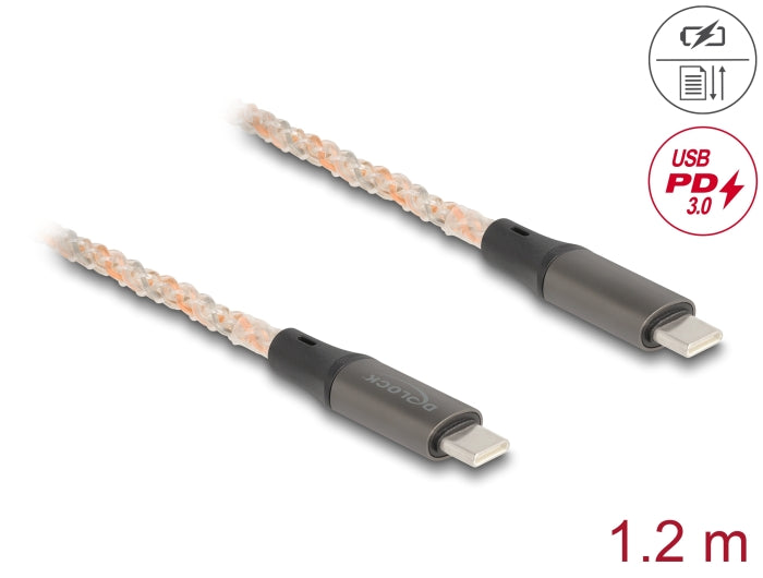 Delock USB 2.0 Kabel USB Type-C™ Stecker zu Stecker PD 3.0 100 W mit RGB Beleuchtung 1,20 m