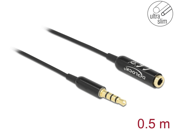 Delock Audio Verlängerungskabel Klinke 3,5 mm 4 Pin Stecker zu Buchse Ultra Slim 0,5 m schwarz