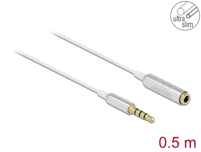 Delock Audio Verlängerungskabel Klinke 3,5 mm 4 Pin Stecker zu Buchse Ultra Slim 0,5 m weiß