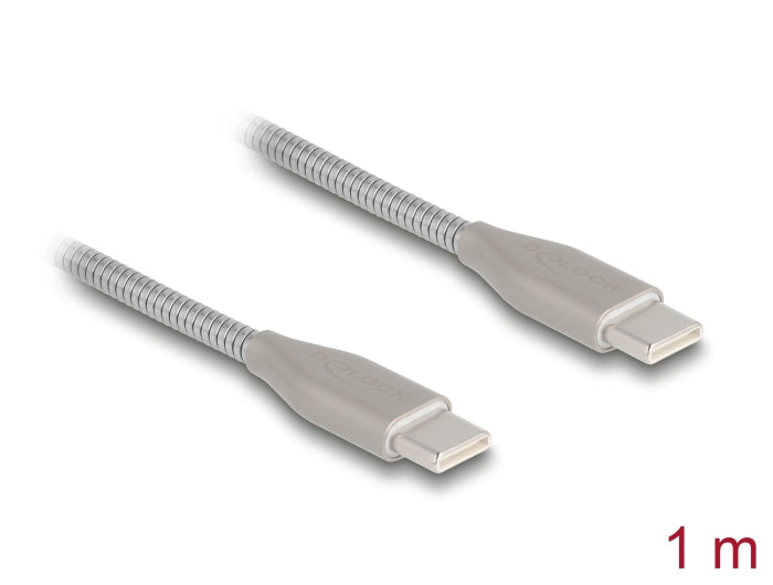 Delock USB-C™ Kabel USB 2.0 mit Metallmantel USB Type-C™ Stecker zu Stecker PD 3.0 60 W 1 m silber