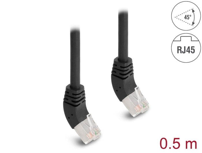 Delock RJ45 Netzwerkkabel Cat.6A S/FTP 45° nach oben gewinkelt 0,5 m schwarz