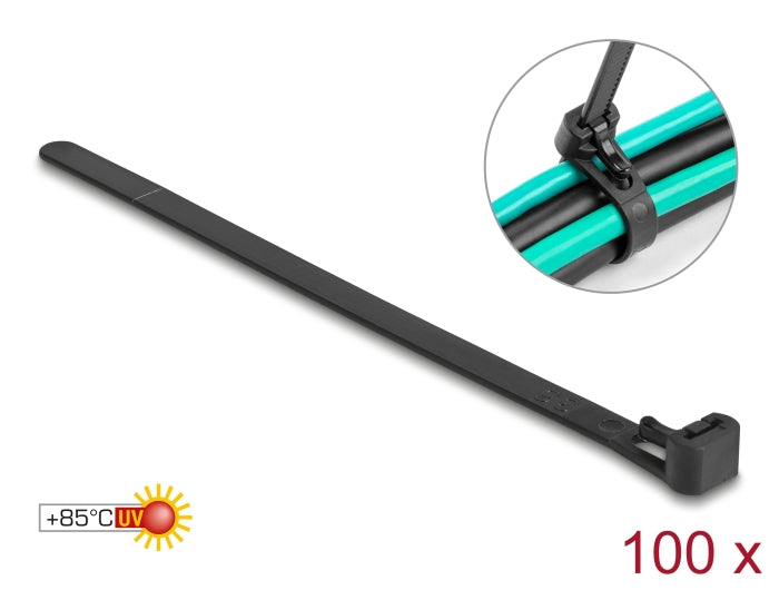 Delock Kabelbinder wiederverwendbar hitzebeständig L 150 x B 7,5 mm 100 Stück schwarz