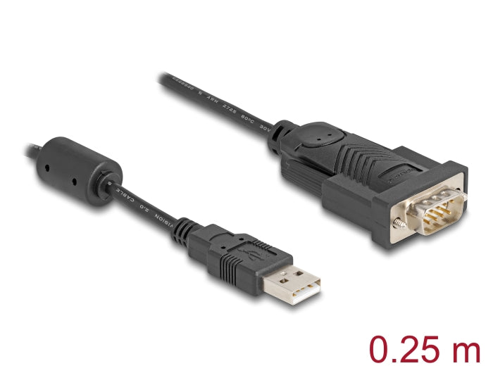 Delock Adapter USB 2.0 Typ-A zu 1 x Seriell RS-232 D-Sub 9 Pin Stecker mit Ferritkern 0,25 m