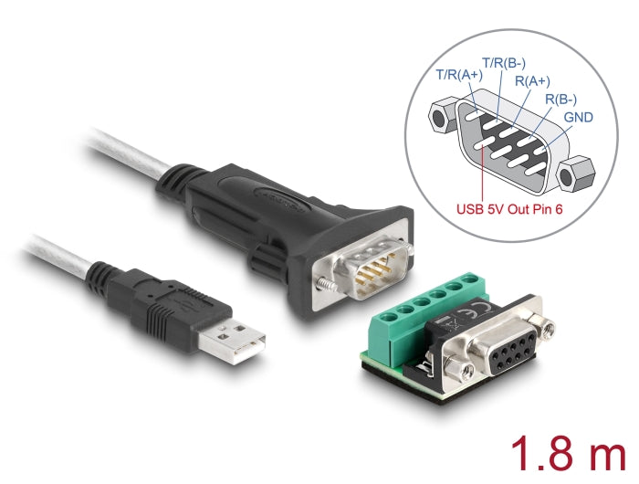 Delock Adapter USB 2.0 Typ-A zu 1 x Seriell RS-422/485 Stecker mit 6 Pin Terminalblock Adapter 5 V 1,8 m