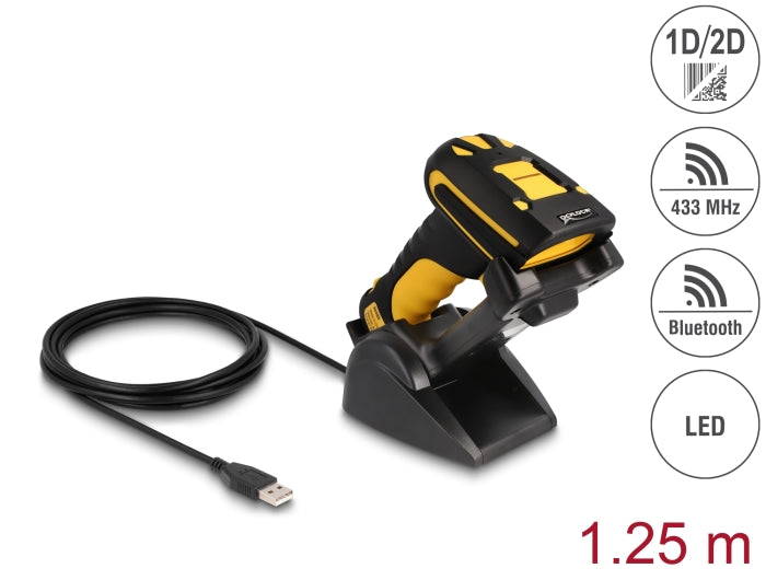Delock Industrie Barcode Scanner 1D und 2D für 433 MHz oder Bluetooth mit induktiver Ladestation