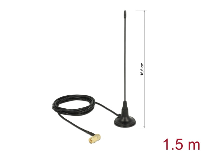 Delock 480 MHz Antenne SMA Stecker 90° 2,5 dBi starr omnidirektional mit magnetischem Standfuß und Anschlusskabel RG-174 1,5 m outdoor schwarz